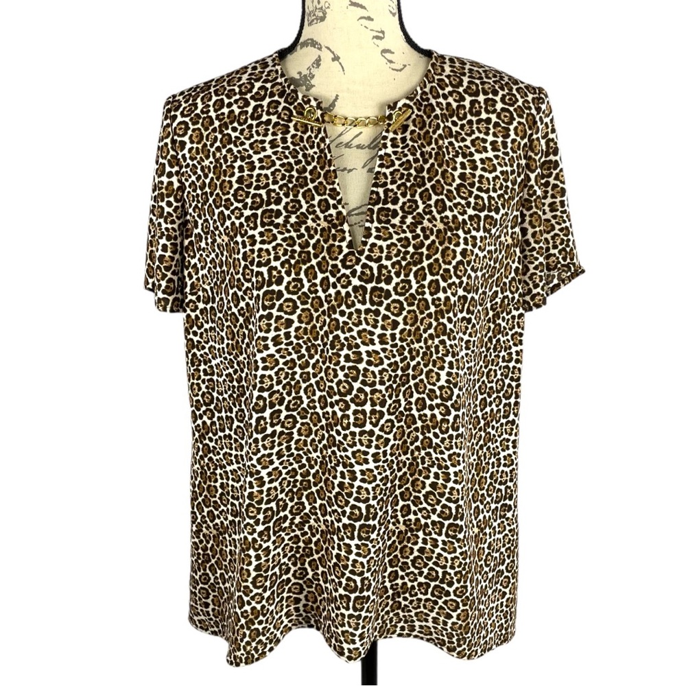 Michael Kors Women’s Short Sleeve Leopard Print Blouse Gold Chain Neckline